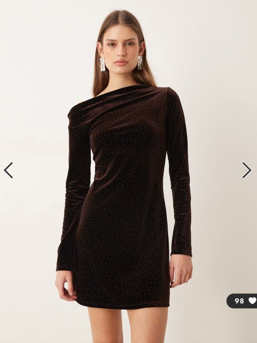 NWT MANGO Brown Velvet Rhinestone One Shoulder Mini Dress XL